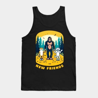 Big Foot Sasquatch becomes friends with a cat and a dog, funny t-shirt for lovers of cats, dogs and the outdoors. Tank Top